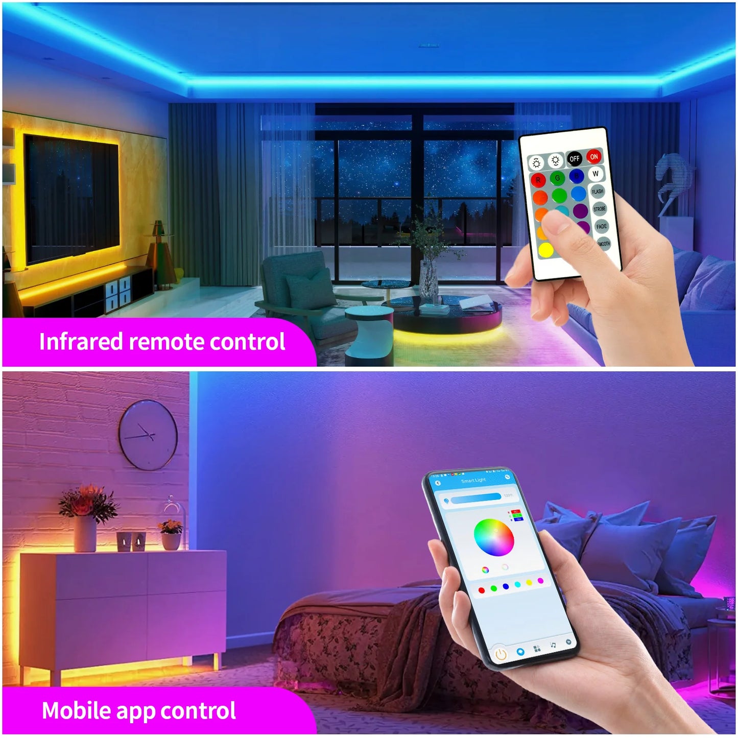 100FT WiFi RGB LED Strip Lights – Music Sync, Remote & App Control