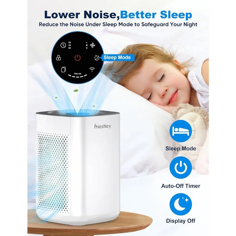 Priestley Air Purifier – Bedroom, Home, Dorm, Up to 1100Ft², Smart WiFi, 3-in-1 HEPA Filter