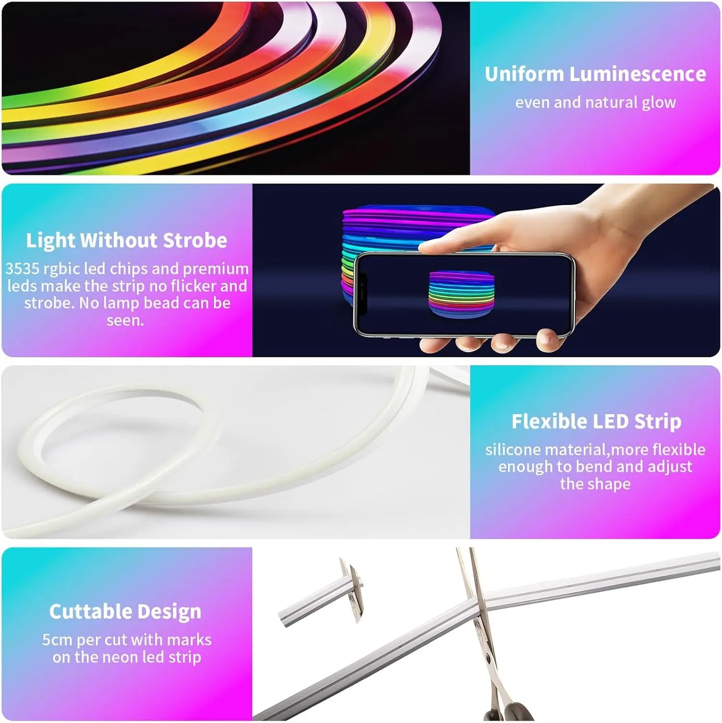RGB Neon LED Strip – 8/16M, IP65 Waterproof, USB Powered, Tuya App & Remote Control, Flexible Ribbon for Home Décor