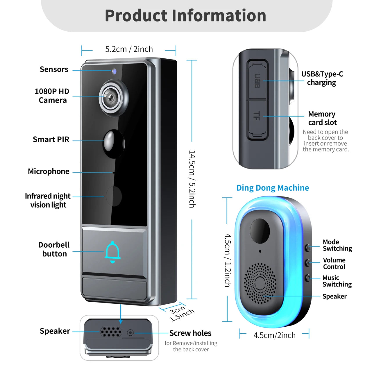 Wireless WiFi Video Doorbell – Night Vision, 2-Way Audio, Live Video & Notifications