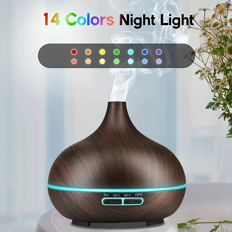 Wood Grain 550ml Ultrasonic Essential Oil Diffuser – Remote Control, 7-Color LED, 6 Preloaded Oils