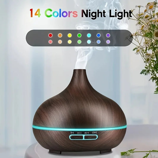 Wood Grain 550ml Ultrasonic Essential Oil Diffuser – Remote Control, 7-Color LED, 6 Preloaded Oils