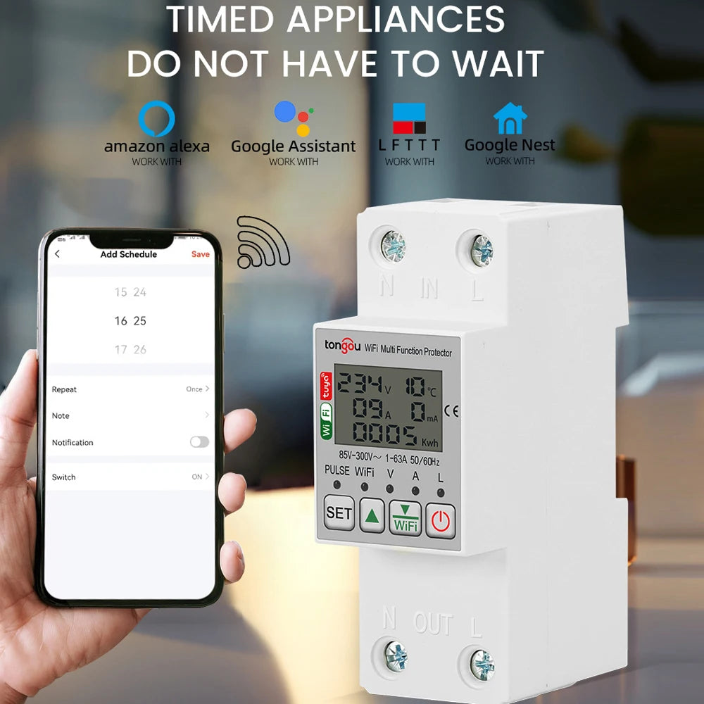 Tuya WiFi Intelligent Energy Meter – Voltage, Power & Electricity Monitoring with Leakage Protector, 63A, AC85-300V, LCD