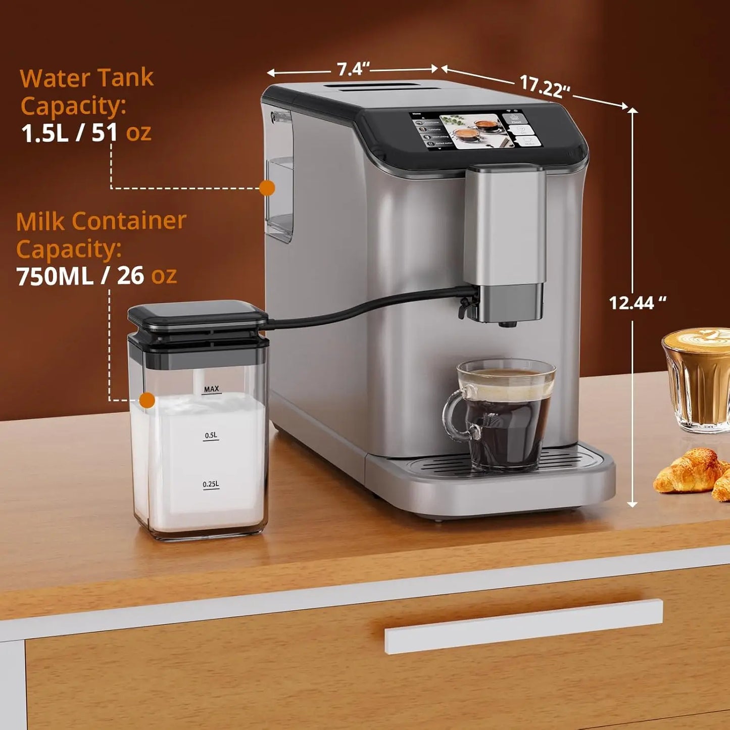 TFT Touch Screen Automatic Espresso Machine – 20 Bar Coffee Maker with Grinder & Automatic Milk Frother