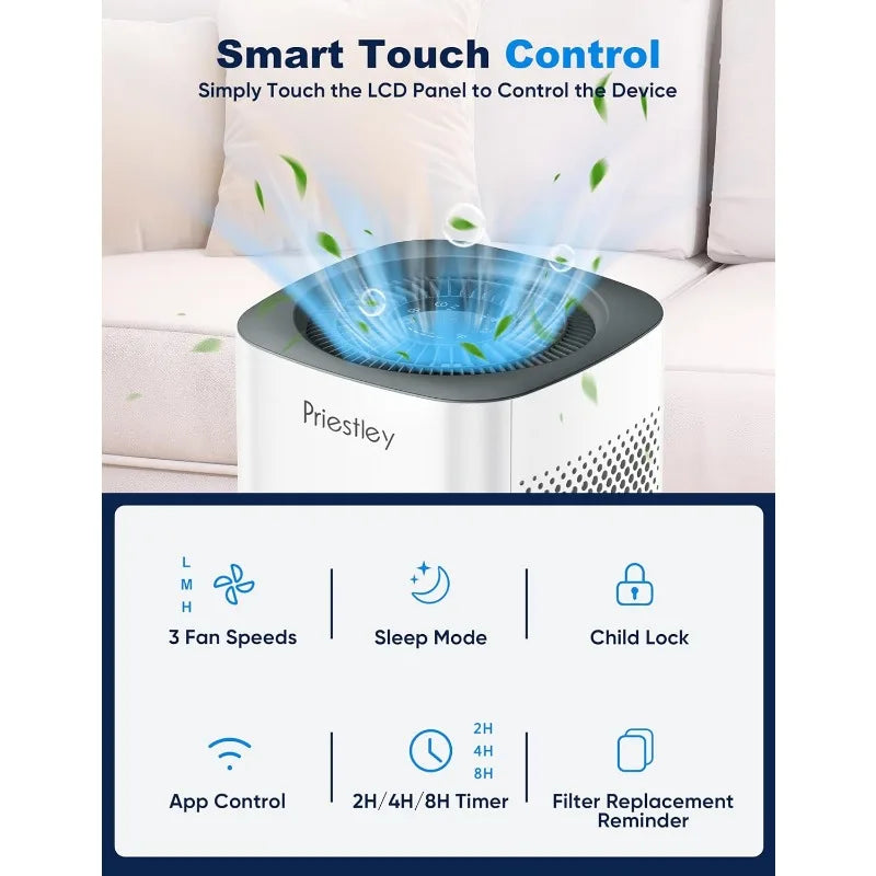 Priestley Air Purifier – Bedroom, Home, Dorm, Up to 1100Ft², Smart WiFi, 3-in-1 HEPA Filter