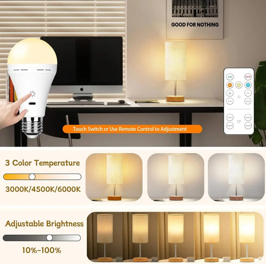 1/2pc 3-Color USB Rechargeable Smart LED Bulb – Dimmable, Cordless, Battery Operated, E27 Base