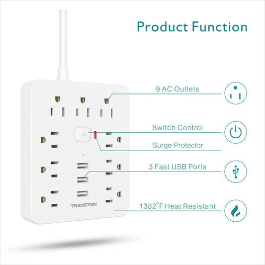 Power Outlet with Surge Protector – 9 AC Sockets, 3 USB Ports, 5ft Extension Cord, Quick Charge, White