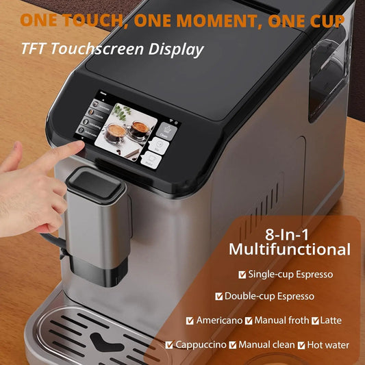 TFT Touch Screen Automatic Espresso Machine – 20 Bar Coffee Maker with Grinder & Automatic Milk Frother