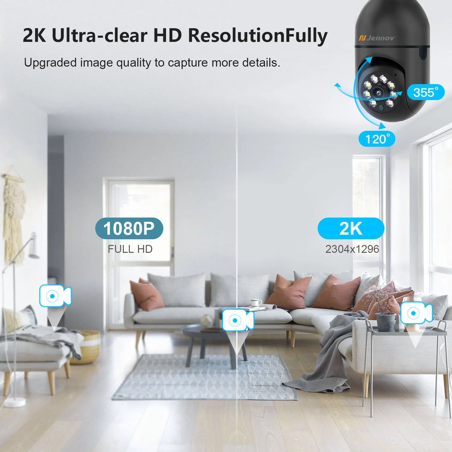 Jennov 2Pcs 2K WiFi Light Bulb Security Camera – Wireless Indoor/Outdoor Home Security