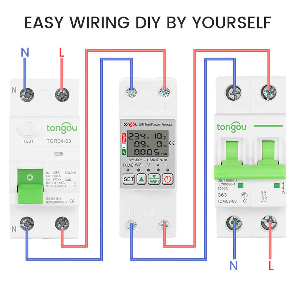 Tuya WiFi Intelligent Energy Meter – Voltage, Power & Electricity Monitoring with Leakage Protector, 63A, AC85-300V, LCD