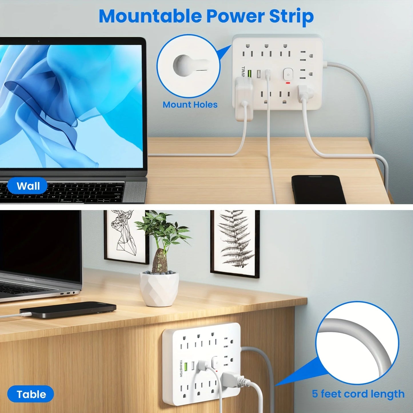 Power Outlet with Surge Protector – 9 AC Sockets, 3 USB Ports, 5ft Extension Cord, Quick Charge, White