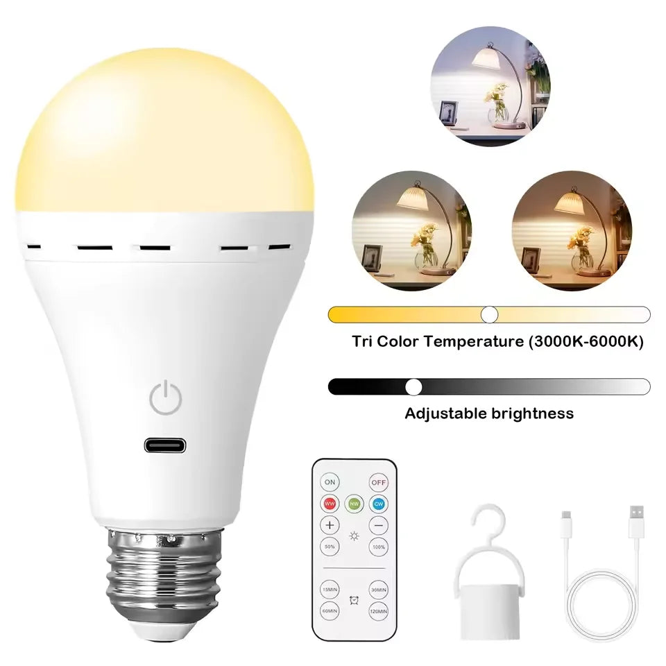 1/2pc 3-Color USB Rechargeable Smart LED Bulb – Dimmable, Cordless, Battery Operated, E27 Base