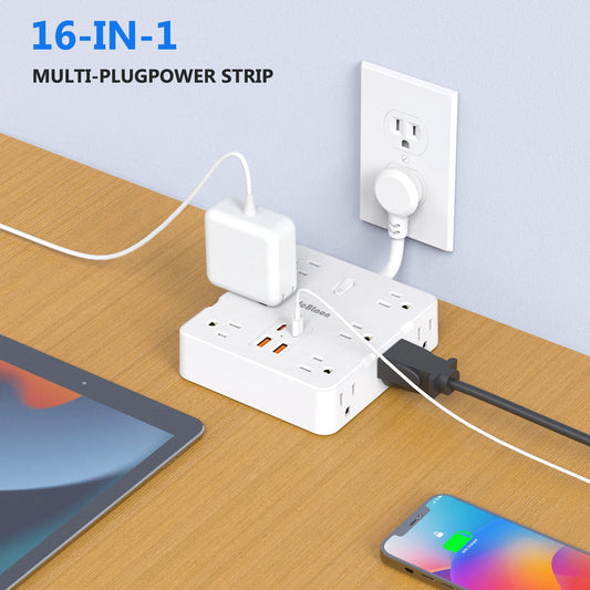 16-IN-1 Multiple Power Strip Adapter – US Plug, AC Outlets, USB & Type-C Ports, 1875W 15A