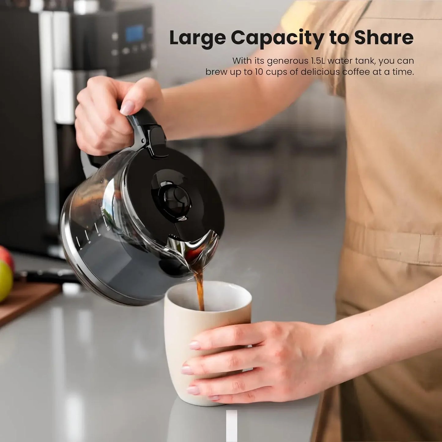 10-Cup Drip Coffee Maker with Built-in Grinder – Programmable Grind & Brew, Smart LED Touchscreen, 24H Timer