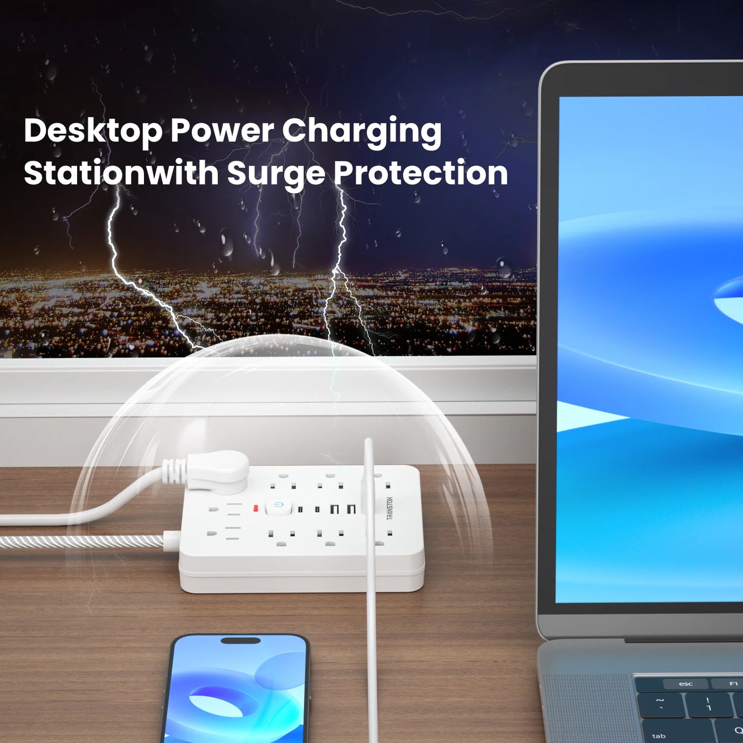 TRANSTON Power Strip Surge Protector – 9 AC Outlets, 3 USB & 2 USB-C, 5ft Cable, 45° Tilt Plug, White