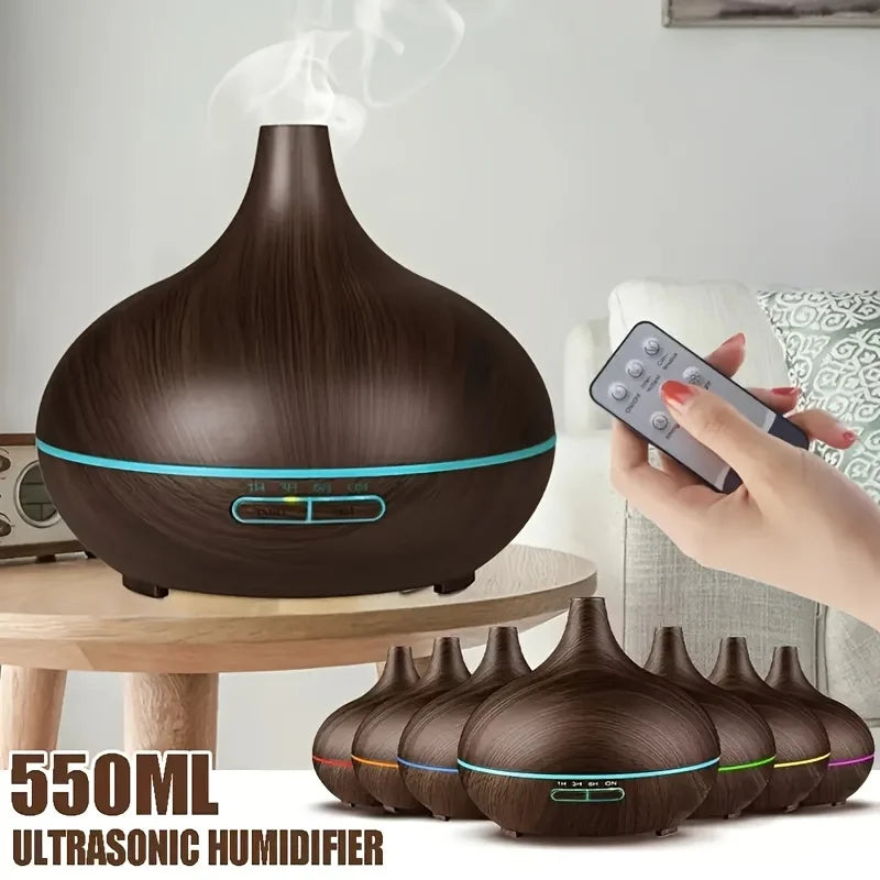Wood Grain 550ml Ultrasonic Essential Oil Diffuser – Remote Control, 7-Color LED, 6 Preloaded Oils
