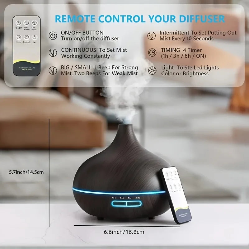 Wood Grain 550ml Ultrasonic Essential Oil Diffuser – Remote Control, 7-Color LED, 6 Preloaded Oils