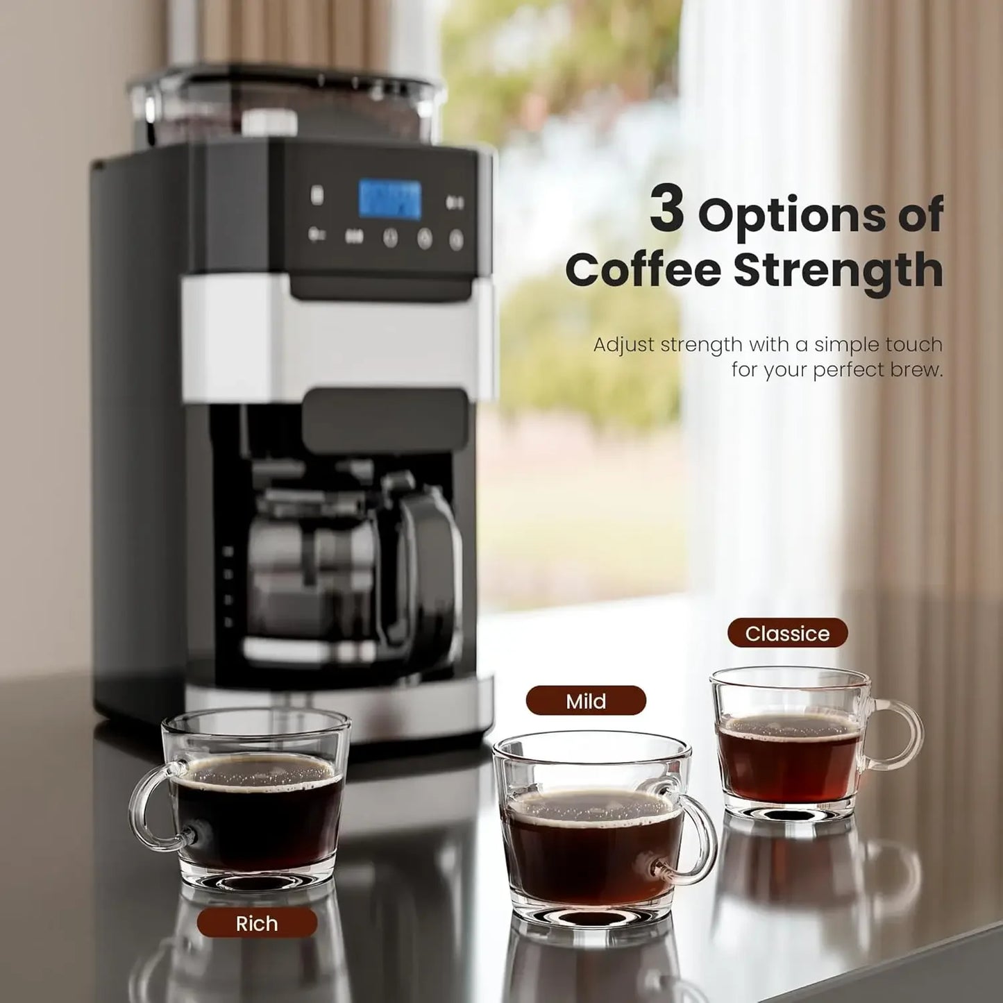 10-Cup Drip Coffee Maker with Built-in Grinder – Programmable Grind & Brew, Smart LED Touchscreen, 24H Timer
